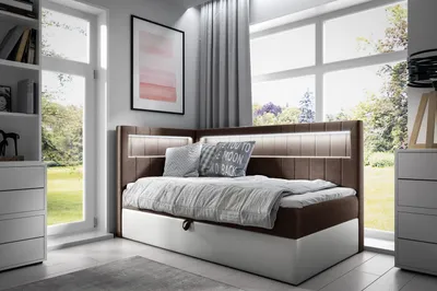 Produktbild von Einzelbett 100x200 KISHA 3 – braun/weiß, links zu öffnen + GRATIS Matratzenauflage