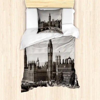 Produktbild von ABAKUHAUS London Mantele, Westminster mit Big Ben, Milbensicher Allergiker geeignet mit Kissenbezügen, 135 cm x 200 cm - 80 x 80 cm, Sepia Weiß