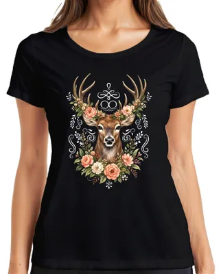 Produktbild von Eleganter Hirsch Blumenkranz Geweih Wald Boho Natur Lederhose Reh Damen T-Shirt, Schwarz, XXL
