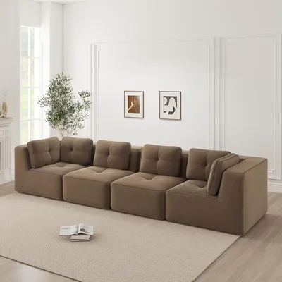 Image de Canapé quatre places en velours côtelé, canapé modulable sans structure, assise profonde, 386 x 104 x 69 cm, marron