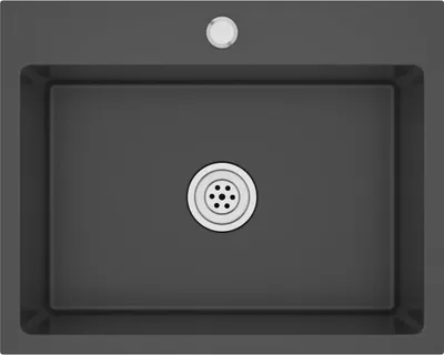 A top-down view of a black sink with a silver drain.