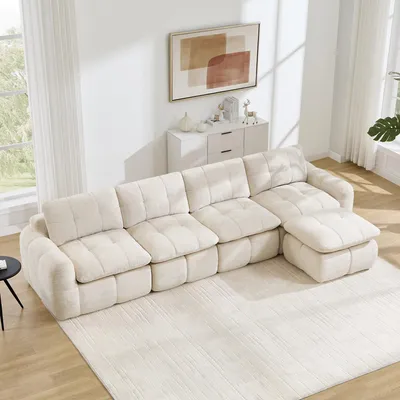 Productafbeelding van Modulaire hoekbank voor 4 personen, bekleed met karosstapezier en chenille, met een brede zitvlak, inclusief ottoman, eenvoudig op te bouwen (beige)