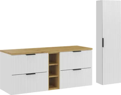 Obrázek produktu pro Koupelnový nábytek 140 cm bílý matný s deskou z dubu artisan a vysokou skříňkou