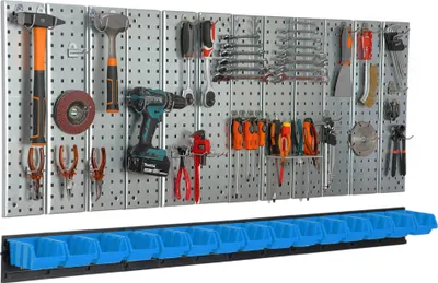 Produktbild von Werkzeugwand 156x72cm Metall Lagersystem mit Werkzeughaltern Werkzeughaken und 15 Stapelboxen blau Lochbrett Werkstatt Garage Steckbrett Elektrowerkzeuge Lochwand