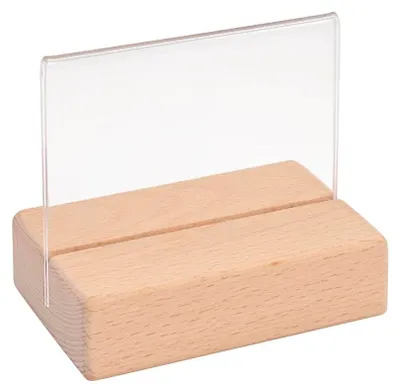 Produktbild von Tischkartenhalter DIN A7 beiseitig Querformat mit Acryl Plakattasche aus unbehandeltem Buchenholz Tischaufsteller Speisekartenhalter