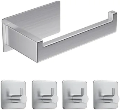 Produktbild von PromoHome® Selbstklebender Toilettenpapierhalter mit Handtuchhaken – Edelstahl, Silber, 14x5x5 cm