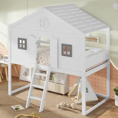 Image de MODFU Lit Mezzanine 90x200 cm - Lit Cabane Enfant avec Escalier et Fenêtres - Sans Matelas - Pin + MDF - Blanc et Gris
