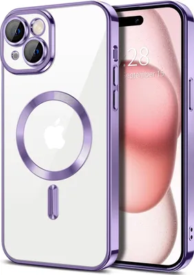 Immagine prodotto di Custodia magnetica trasparente per iPhone 15, compatibile con MagSafe, custodia protettiva galvanica con protezione della fotocamera Viola