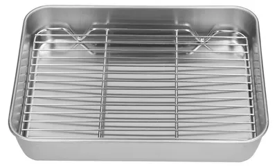 Immagine prodotto di Ciotola rettangolare in acciaio inossidabile con griglia, dimensioni 26,5 x 20,5 x 5 cm, adatta per barbecue a gas e forno