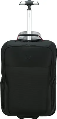 A black rolling backpack with a telescoping handle is shown against a white background.