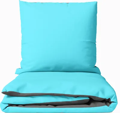 A folded bed linen set, consisting of a pillow and a duvet cover, in turquoise and gray.