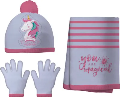 Produktbild von Einhorn 3tlg. Winterset Kindermütze Kinderschal Kinderhandschuhe Mütze Schal Bommel Handschuhe Pferd Unicorn