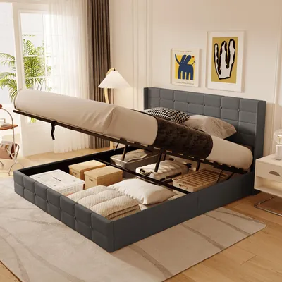 Zdjęcie produktu dla Łóżko tapicerowane BEALIFE 180x200 cm ze stelażem z listew i łóżkiem hydraulicznym | podwójne łóżko z miejscem do przechowywania o wyglądzie lnu | szary/beżowy | 18BF84