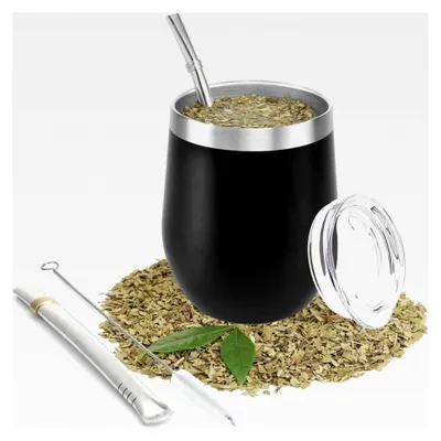 Produktbild von Mate Becher Set, doppelwandige, hitzebeständige Edelstahl-Tasse mit BPA-freiem Deckel, zwei Strohhalmen und Reinigungsbürste, für Mate-Tee, Kaffee und Früchtetee (Schwarz)