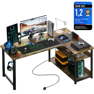 Image de GTPLAYER Bureau d'angle Bureau Gaming avec étagère Chargeur USB et prise électrique (1 table), 120cm Table d'ordinateur en forme de L, table PC pour le bureau