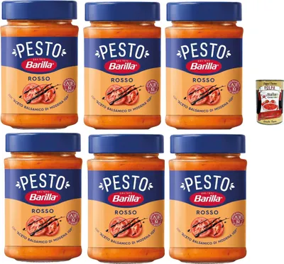 Produktbild von Barilla Pesto Rosso 6×200 g – Italienisches Tomaten-Pesto mit Aceto Balsamico di Modena g.g.A., cremig & aromatisch, servierfertig, vegetarisch + Italian Gourmet polpa