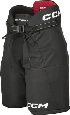 A pair of black hockey pants shown from the front.