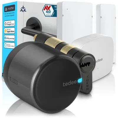 Produktbild von Tedee GO2 Alu Smart Lock Set mit Bridge, Türsensor & EXXO Zylinder – Elektronisches Türschloss, Klasse 6, WLAN, Auto-Lock nur bei geschlossener Tür