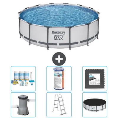Produktbild von Bestway Round Steel Pro MAX Schwimmbad – 427 x 107 cm – Grau – inklusive Pumpe – Leiter – Abdeckung Wartungspaket - Filter - Bodenfliesen
