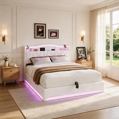 Produktbild von INONEFT Polsterbett 140x200 cm mit LED Beleuchtung und USB Ladefunktion, Jugendbett mit Hydraulique Bettkasten und Kopfteil Stauraum, Beige