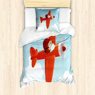 Produktbild von ABAKUHAUS Flugzeug Mantele, Flugzeug Fliegen Wolke, Milbensicher Allergiker geeignet mit Kissenbezügen, 135 cm x 200 cm - 80 x 80 cm, Orange Blue