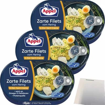 Produktbild von Appel Zarte Filets vom Hering in Eier-Senf-Creme 3er Pack (3x200g Dose) + usy Block