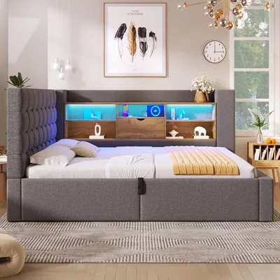 Produktbild von Flieks Hydraulisches Schlafsofa 90x190cm mit Stauraum, Polstebett mit USB, Jugendbett mit Led und offenen Staufächern, Einzelbett Leinen, Grau