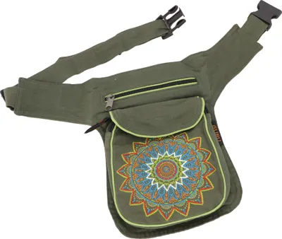 Produktbild von Stoff Sidebag & Hüfttasche Mandala, Goa Gürteltasche, Bauchtasche aus Nepal - Olivgrün, Uni - Erwachsene, Baumwolle, 28*20*3 cm, Festival- Bauchtasche Hippie