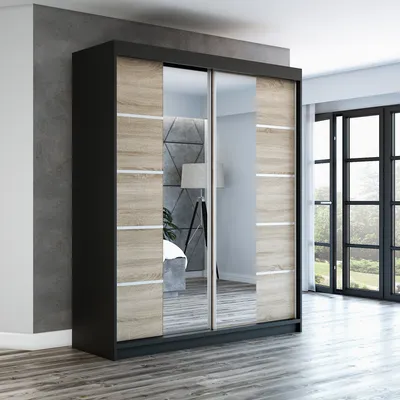 Produktbild von Schwebetürenschrank, 2-türig Schrank ERA 180 cm (mit Spiegel) Schwarz / sonoma/ sonoma