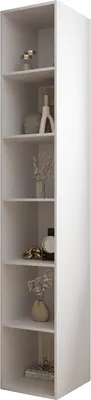 A tall, narrow white bookshelf with several shelves, each displaying decorative items.