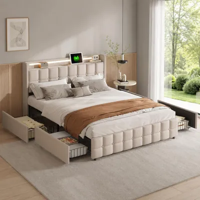 Image de INONEFT, lit double avec tête de lit rembourrée, dimensions 180x200 cm, éclairage LED, ports Type-C et USB, lit pour adolescents avec 4 tiroirs, tissu en lin, couleur beige, sans matelas, Image générée par une IA