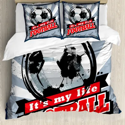 Produktbild von ABAKUHAUS Fußball Bettbezug, Grungy Fußball-Pop-Art, Milbensicher Allergiker geeignet mit Kissenbezügen, 155 cm x 220 cm - 80 x 80 cm, Blau Schwarz Rot