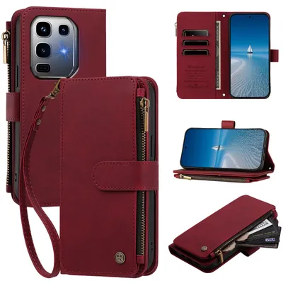Produktbild von Handyhülle für Infinix Note 50 Pro+ 5G, Leder Klapphülle mit Kartenfächern, Reißverschlussfach und Handschlaufe Rot