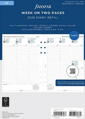 Image de FILOFAX Calendrier à insérer 2026 - A5 - 1 semaine = 2 pages - blanc - multilingue