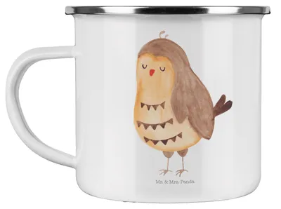 Produktbild von Mr. & Mrs. Panda Teetasse Eule Zufrieden - Weiß - Geschenk, Spruch, Teebecher, Owl, glücklich, Pott, Reisebecher, Emaille Tasse, Haferl, Hochzeitstag