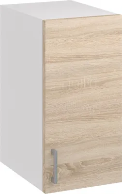 A single kitchen cabinet with a light wood grain door and a white side.