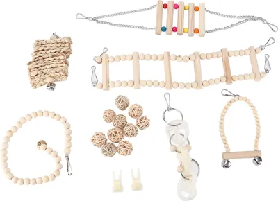 Produktbild von Papageien-Kauspielzeug-Set, natürliches Holz, hängende Hängematte, Vogelkäfig, Schaukelspielzeug für Sittiche, Nymphensittiche