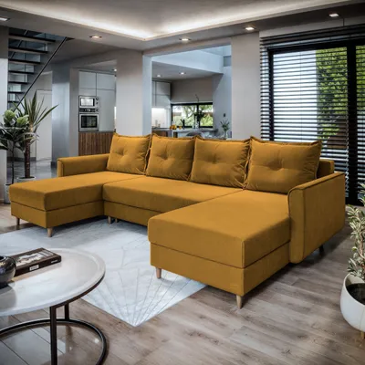 Zdjęcie produktu dla Masseno Narożnik VERNI z funkcją spania i pojemnikiem na pościel Kształt U, Rozkładana sofa, Rogówka - Żółty, KRONOS 01