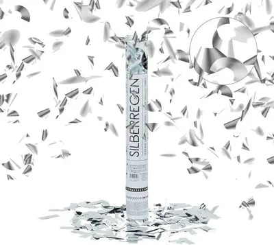 Produktbild von Konfettikanone 40 cm, silber, mit glänzendem Silberfolienkonfetti, 8m Reichweite