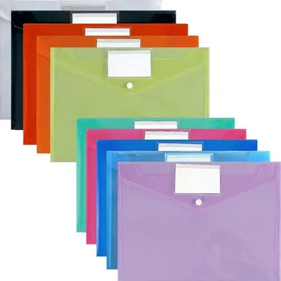 Immagine prodotto di 10 raccoglitori impermeabili in formato A4, con buste trasparenti colorate, per organizzare i documenti