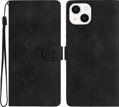 Immagine prodotto di Per iPhone 15 Plus Custodia in pelle con farfalla in rilievo (nero)