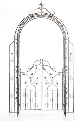 Immagine prodotto di Arco in ferro battuto per rose, modello Grenada, con cancello d'ingresso. Arco con eleganti decorazioni e supporto per piante rampicanti, in stile rustico, color bronzo