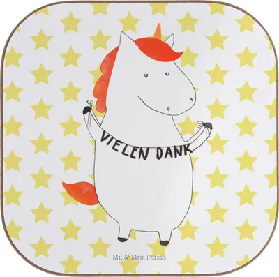 Produktbild von Mr. & Mrs. Panda Untersetzer Glas Einhorn Dankeschön - Weiß - Geschenk, party, Unicorn, gläseruntersetzer, Einhörner, Danksagung, Tassenuntersetzer, Tassen, Coaster