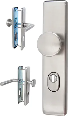 A product shot of door hardware, including handles and a lock mechanism, against a white background.
