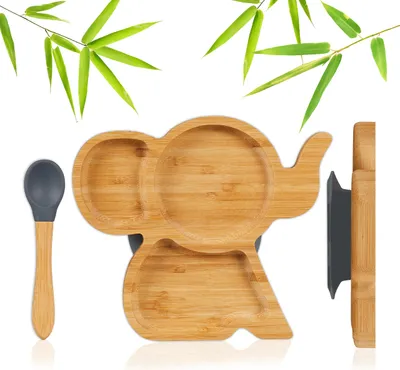 Image de Assiette pour enfant Relaxdays en bambou, avec ventouse, sans BPA, antidérapante, assiette compartimentée pour bébé, assiette en bambou motif éléphant, naturel/gris
