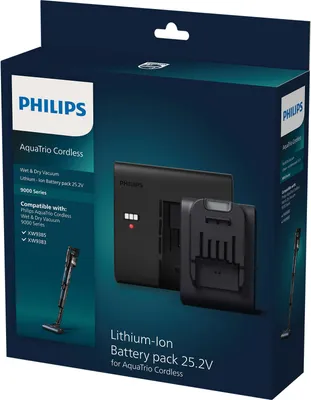 The image shows the retail packaging for a Philips AquaTrio Cordless Wet & Dry Vacuum Lithium-Ion Battery pack.