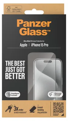 Produktbild von PanzerGlass ® Displayschutz iPhone 15 Pro | Ultra-Wide Fit m. EasyAligner, Apple, Apple - iPhone 15 Pro, Trockene Anwendung, Schockresistent, Transparent, 1 Stück(e)