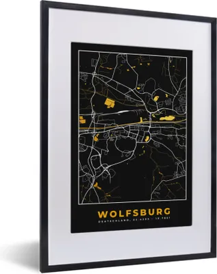 Produktbild von MuchoWow® Gerahmtes Poster Schwarz und Gold - Stadtplan - Wolfsburg - Deutschland - Karte 30x40 cm - Poster mit Schwarzem Bilderrahmen Wandposter Rahmen Foto Bilder - Wandposter Schlafzimmer