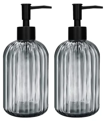 Image de Lot de 2 distributeurs de savon en verre avec pompe noire, distributeur rechargeable de 400 ml à pompe pour la cuisine, la salle de bains ou la buanderie, flacon en verre pour liquide vaisselle, shampoing et après-shampoing.