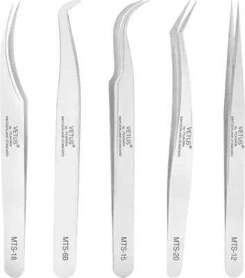 Produktbild von 5 Stück Edelstahl Wimpernpinzette Set gebogene gerade Silber Pinzette